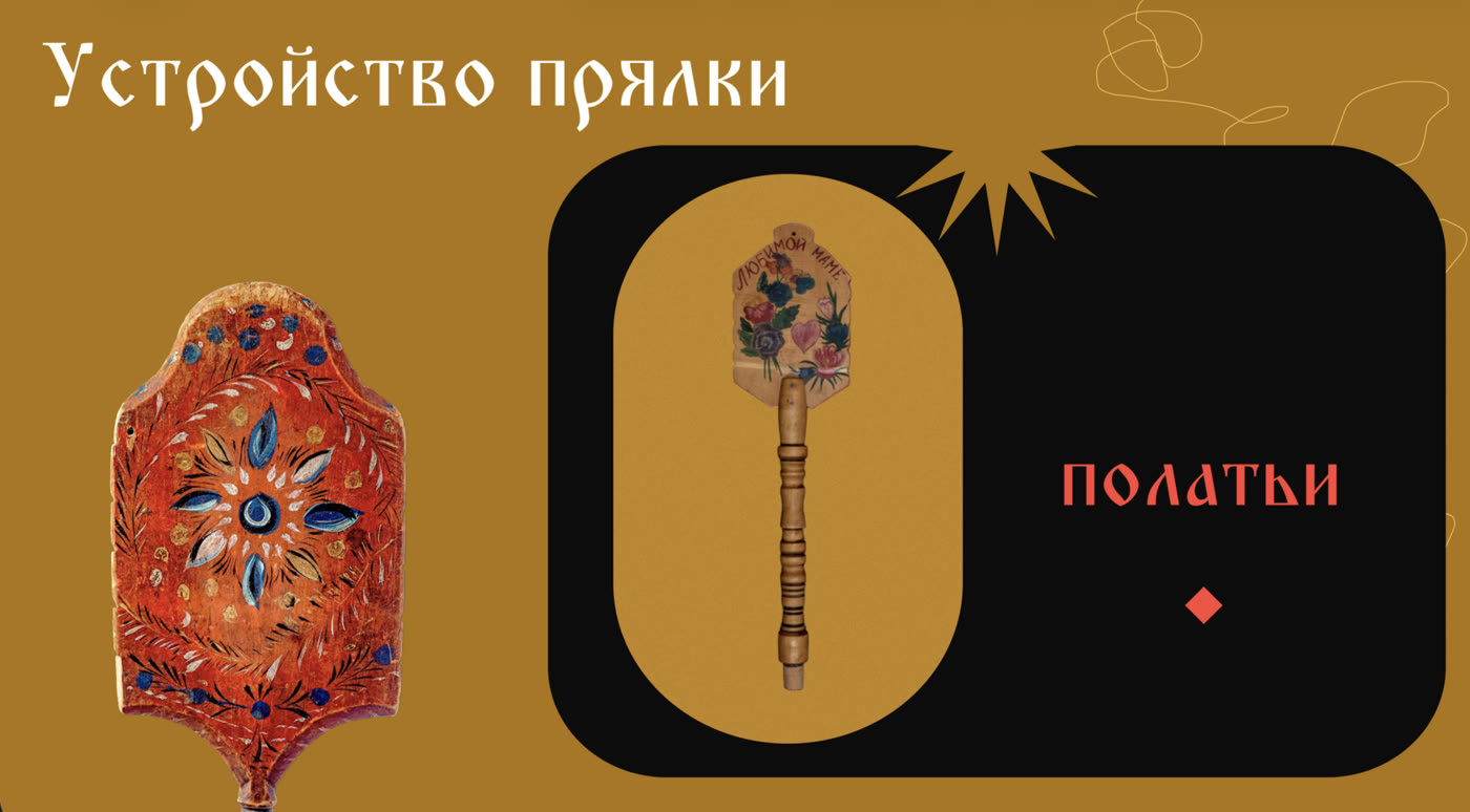 Экран «Устройство прялки: полатьи» с двумя расписными прялками